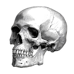 Detailed Human Skull Ink Sketch Illustration with Open Jaw on Black
