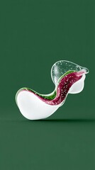 A smooth, abstract sculpture with swirling layers of white, green, and deep red, speckled with white dots, set against a solid dark green backdrop.