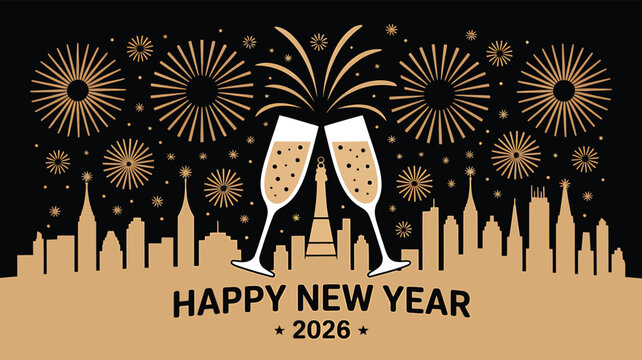 Happy new year 2026 vector illustration celebration holiday skyline cheers drink