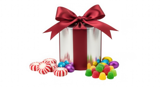 Festive Candy Tin with Ribbon and Delicious Assorted Sweets for Holiday Gifting and Celebrations