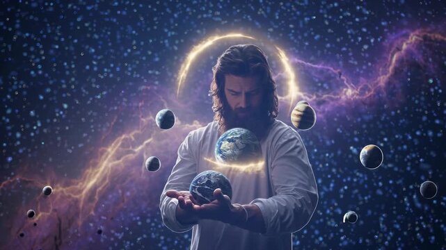 Holding planets and earth aloft in hand. Jesus christ figure stands with glowing halo. Multiple planet and galaxy orbs float in space. Cosmic light suggests universe and cosmos creation. Mystic mood.