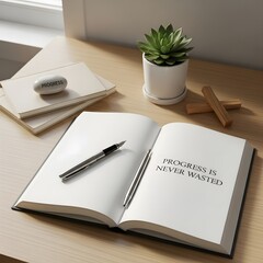 A minimalist workspace featuring an open notebook with the motivational phrase 'Progress is Never Wasted, ' a pen, a potted succulent, and a few decorative wooden pieces on a light wooden desk surface