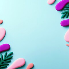A minimalist composition featuring soft, rounded organic shapes in pink and purple, interspersed with green leaf-like elements against a solid light blue backdr