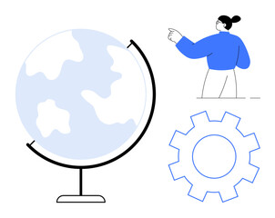 Person pointing towards a globe, suggesting global perspective and exploration. Gear outlines symbolize innovation, process optimization, and progress. Ideal for education, global collaboration