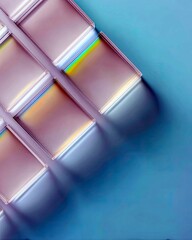 Close-up abstract view of translucent square objects arranged diagonally, casting long shadows and refracting light into a spectrum of colors.