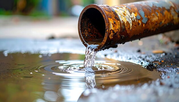 Rusty pipe discharging water into a puddle, creating ripples on the surface. Close-up, wet surface
