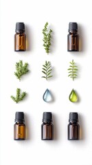 Amber glass bottles containing essential oils are arranged with fresh green sprigs and droplets of oil on a white background.