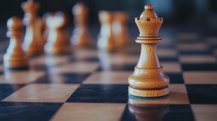 Close-up of a light-brown wooden chess queen on a checkered board