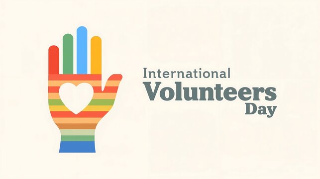 Colorful hand with heart symbol representing international volunteers day, diversity, community support, and helping others with kindness