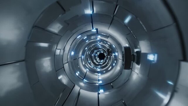 Futuristic tunnel with glowing lights leads into spaceship interior. Technology surrounds engine modules. Drone system controls network inside tunnel. Machine tunnel reveals spaceship tunnel structure