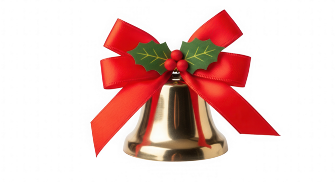 Festive Golden Christmas Bell with Red Ribbon and Holly Decoration on Black Background Holiday Celebration Image