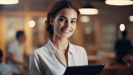 A woman wearing a white blouse and holding a tablet computer. She is smiling while standing in front of a desk area with lights on the ceiling