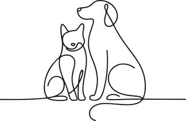 Continuous Line Art Illustration of Cat and Dog Sitting Side by Side