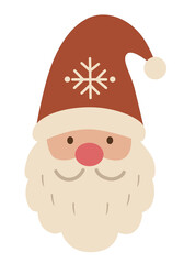 Minimalist Santa face with red hat, snowflake detail, rosy cheeks, round nose, and soft smile. Friendly, festive design perfect for holiday cards and decor.