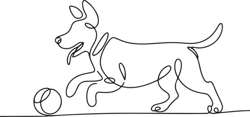 Continuous Line Art Illustration of Playful Dog Chasing Ball