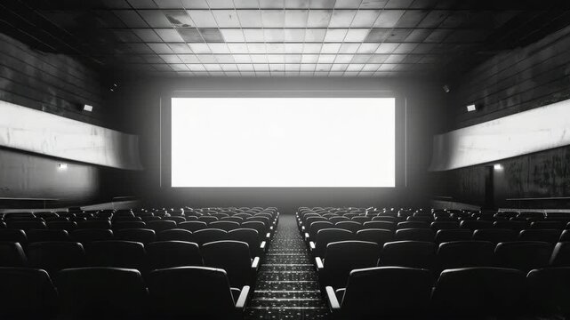 An abandoned movie theater in a vintage style, showing an empty auditorium with rows of seats leading to the projection screen.