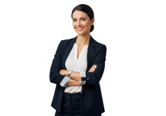 Professional woman in business attire smiling confidently with arms crossed isolated on transparent background