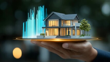 Hand holding a modern house model with futuristic financial data visualization - Powered by Adobe