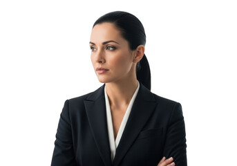 Professional businesswoman in a dark suit with arms crossed looking away confidently isolated on transparent background