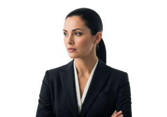 Professional businesswoman in a dark suit with arms crossed looking away confidently isolated on transparent background
