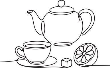 Continuous Line Art Illustration of Teapot Teacup Lemon and Sugar Cubes