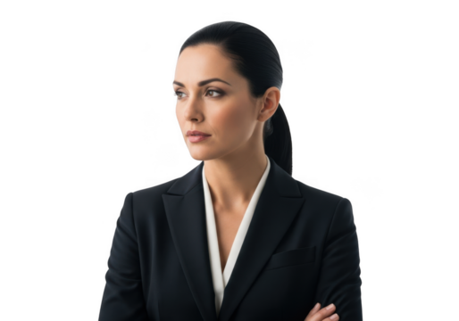 Professional businesswoman in a dark suit with arms crossed looking away confidently isolated on transparent background