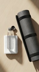 A minimalist scene featuring a transparent water bottle with a black lid and a textured yoga mat placed on a light wooden surface, perfect for fitness or wellness themes