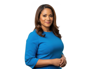 Professional woman in blue top posing confidently with a gentle smile isolated on transparent background