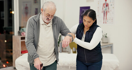 Helping, walking and physiotherapist with senior patient in clinic for medical consultation. Retirement, healthcare checkup and physical therapist with elderly person with a disability for support.