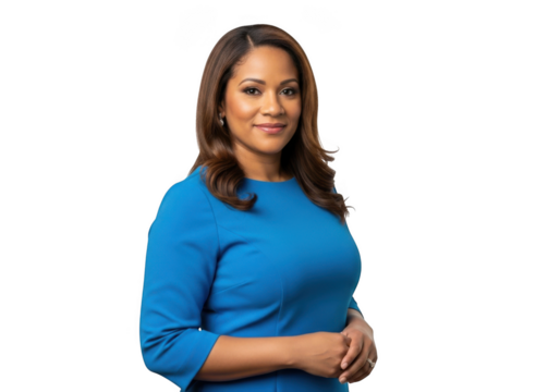 Professional woman in blue top posing confidently with a gentle smile isolated on transparent background