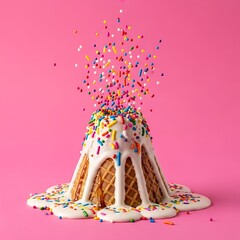 Sweet waffle cone cake drizzled in white icing and topped with vibrant sprinkles against a pink backdrop for a fun treat, perfect for celebrations