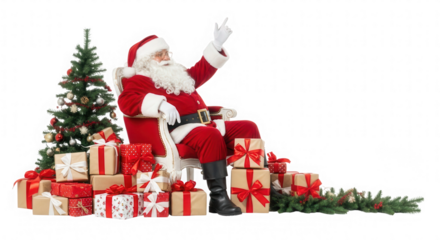Santa Claus pointing upwards sitting on an armchair near Christmas tree and presents on transparent background