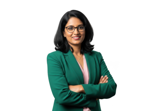Professional indian woman wearing glasses and a green blazer with arms crossed isolated on transparent background