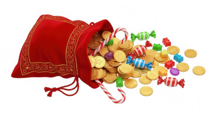 Santas overflowing bag of riches with gold coins and sweet colorful candies on a black background