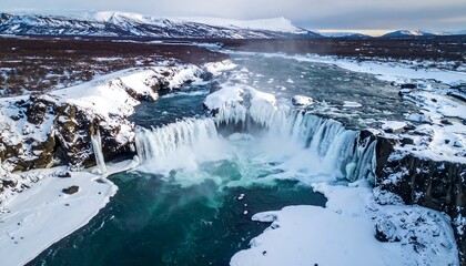 Fototapeta premium Snowy waterfall crashes into turquoise waters, surrounded by ice-covered rocks and distant, snow-capped mountains