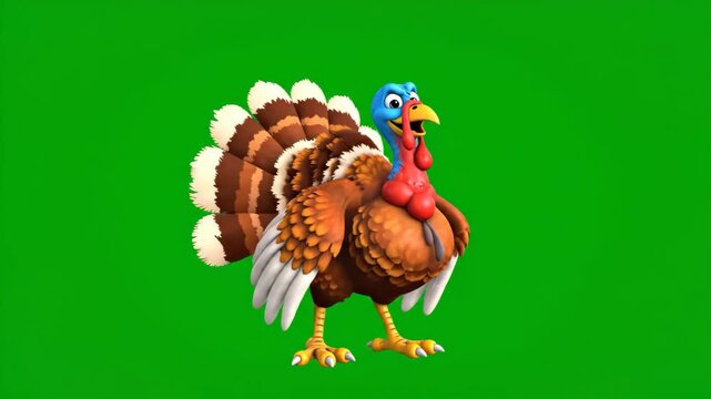 Funny cartoon turkey dancing and walking on green screen for Thanksgiving Day celebration footage