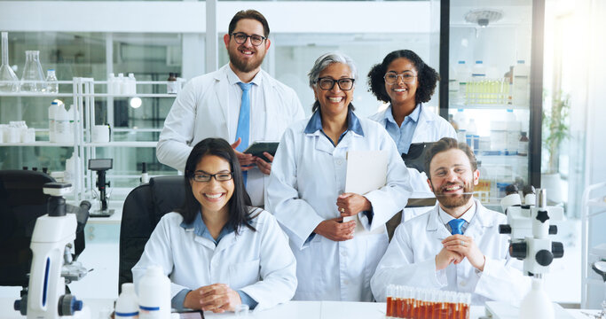 Science, portrait and team in lab with smile, pride or experience in genetic engineering. Medical, collaboration or biotechnologist in clinic with confidence, about us or group work in pathogen study