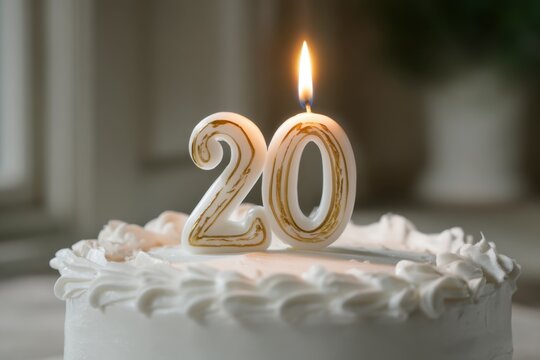 Candle Number Twenty on White Cream Cake with Decorative Frosting