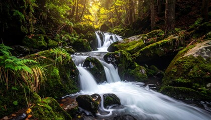 Obraz premium River rushing down mossy rocks in a forest with sunlit trees above, evoking peace and tranquility