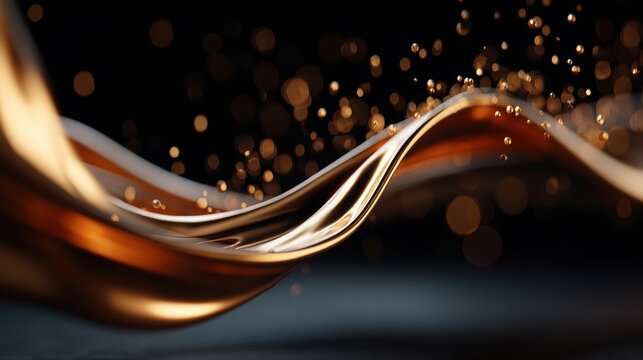 Golden liquid splashes or swirls of metallic dust on a black background, 3D rendering