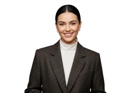 Professional woman in a dark tweed blazer and white turtleneck smiling confidently isolated on transparent background