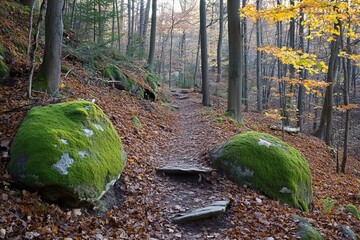 Autumn forest path winding through mossy rocks