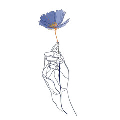 Colorful one line art illustration of a hand holding a single flower