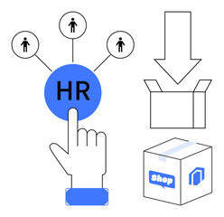 Central HR element linked to people, hand selecting option, icons of box and shop. Ideal for recruitment, resource allocation, e-commerce, logistics, employee training, retail hiring processes in