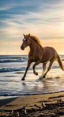 A majestic horse running along the shoreline during sunset with waves crashing and a colorful sky in the background