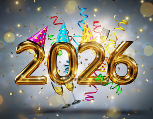 Golden 2026 balloons with party hats, confetti, and champagne celebrating the New Year.