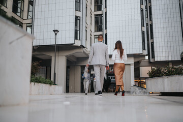 A stylish couple in smart outfits walks through a sleek urban plaza toward a modern office building, embodying a business lifestyle and daily commute in a metropolitan setting.