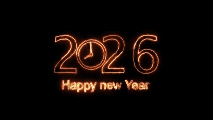 Glowing 2026 numbers with clock face and happy new year text animated with fire effect on black - Powered by Adobe