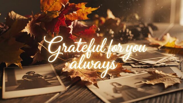 Grateful for you always text appearing on autumn leaves and old photos, a warm Thanksgiving message video