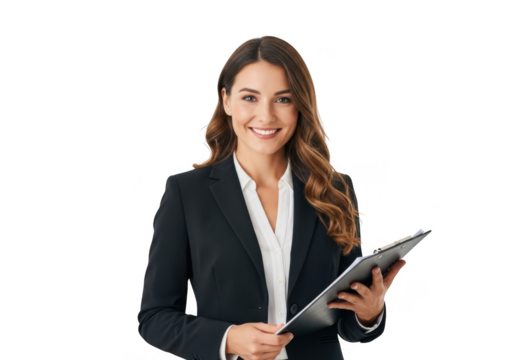 Professional woman in dark suit and white blouse holding a tablet smiling confidently isolated on transparent background
